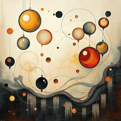The primary subject of the image is a painting featuring a variety of circles and orbs. The setting is a white background, and the visual style appears to be a combination of digital art and illustration. The painting is predominantly orange and black, creating a vibrant and dynamic atmosphere. The circles and orbs are scattered throughout the painting, with some overlapping and others standing alone, creating a sense of depth and complexity.